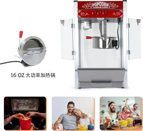 Miniatura 4 de Máquina comercial de palomitas de maíz de 16 onzas, 1440 W de acero inoxidable estilo teatro, hace 80 tazas, control de 3 interruptores, puertas