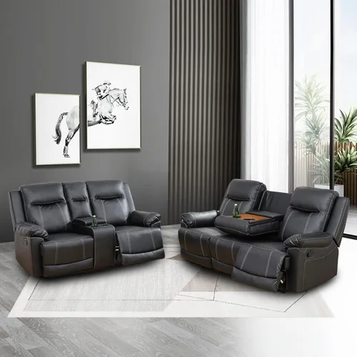 Miniatura 13 de Muebles de sala de estar, sofá reclinable de cuero, sofá reclinable manual con portavasos para casa/dormitorio/oficina/apartamento (negro/1 pieza)