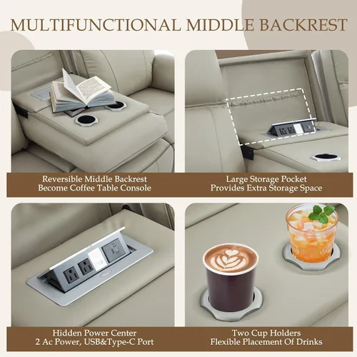 Miniatura 3 de Sofá Reclinable Eléctrico con Mesa Plegable, Sofá Reclinable Eléctrico de Cuero Transpirable, Sofá Reclinable Loveseat Eléctrico con Gris