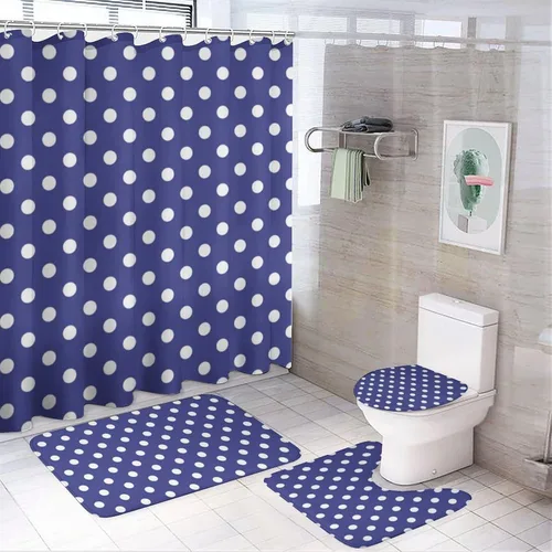 Miniatura 19 de Juego de 3 alfombras de baño con diseño de lunares, color azul aguamarina, antideslizante, con contorno en forma de U y tapa de inodoro