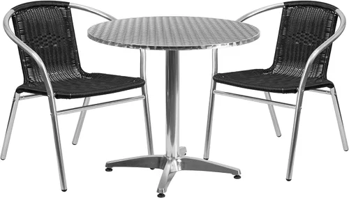 Flash Furniture Lila - Juego de mesa redonda de aluminio para interiores y exteriores de 31.5 pulgadas con 2 sillas de ratán negro