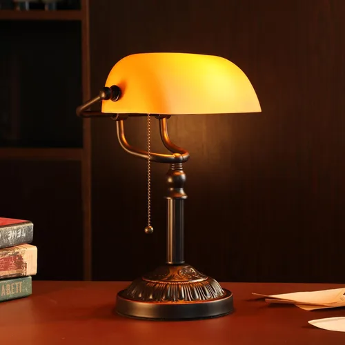 Miniatura 5 de TORCHSTAR Lámpara de escritorio de cristal ámbar, lámparas de escritorio antiguas con base pesada retro, lámpara tradicional de biblioteca