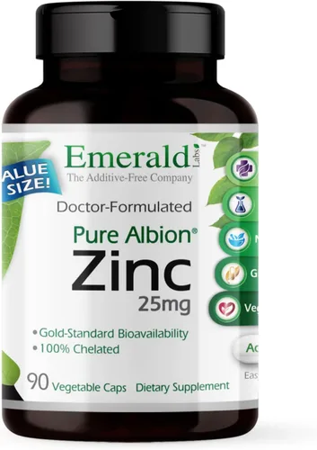 Emerald Labs Zinc 25mg - Apoyo inmunológico, salud digestiva, apoyo oxidativo para el estrés - Fabricado con bisglicinato de zinc - Vegano y sin