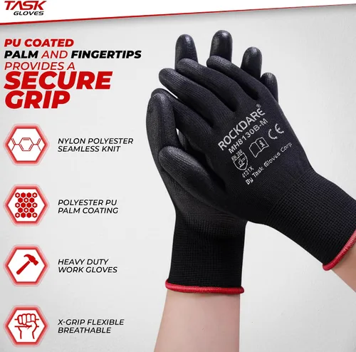 Miniatura 2 de Task Force - Guantes de trabajo de seguridad con revestimiento de poliuretano, 12 pares, guantes de punto sin costuras con revestimiento