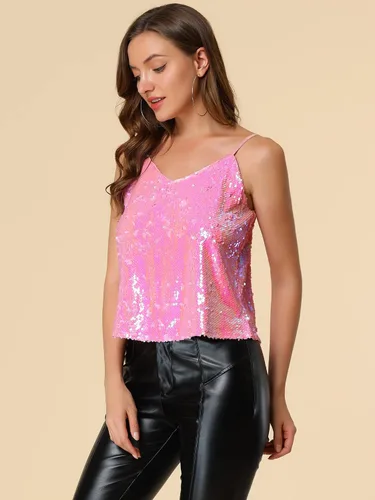Miniatura 4 de Allegra K Camisola brillante con lentejuelas para mujer, para fiesta de club, con brillantina, discoteca brillante