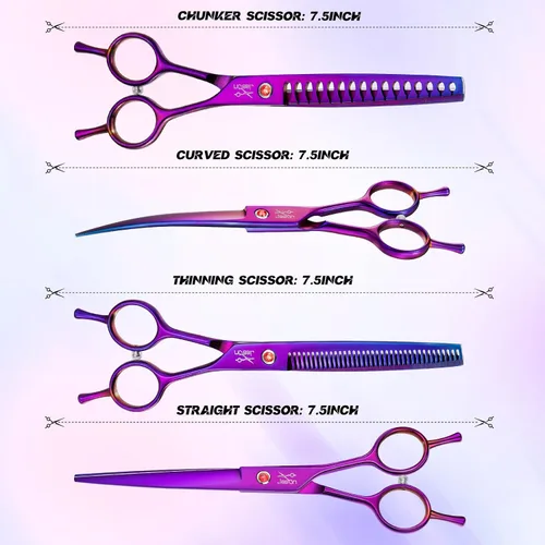 Miniatura 6 de JASON Kit profesional de tijeras para perros 6 en 1: rectas, adelgazantes, chunker, tijeras curvadas y peine para cabello largo y corto y gato