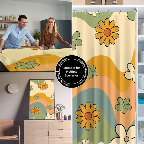 Miniatura 7 de Cortina de ducha pequeña para casa rodante, tamaño medio, estilo retro de los 70, con flores bonitas, estética abstracta de margaritas, decorativa