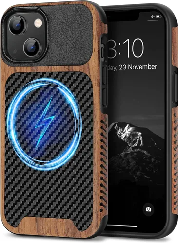 Miniatura 25 de TENDLIN Funda Magnética Compatible con iPhone 14 Plus Funda de Madera con Textura de Fibra de Carbono Diseño Híbrido de Cuero Cubierta Delgada Negro