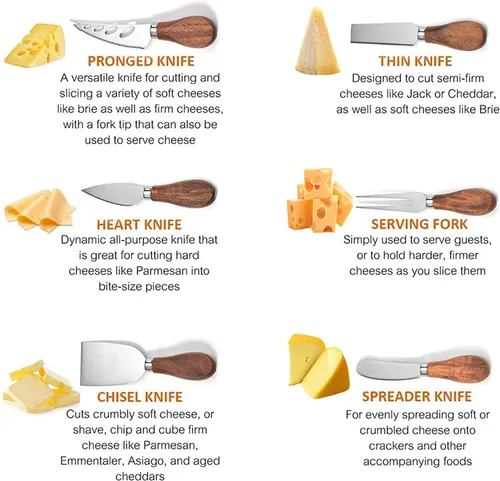 Miniatura 5 de Exquisito juego de cuchillos de queso de 6 piezas, colección de cuchillos de queso de acero inoxidable (mango de madera de acacia)