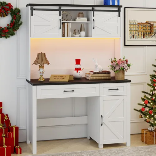 Miniatura 7 de Vabches Farmhouse - Escritorio ejecutivo de 47 pulgadas, escritorio para computadora con 2 cajones, armario de almacenamiento y luz LED, cubo