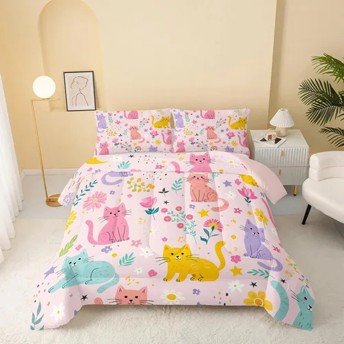 Miniatura 35 de QOOMO - Juego de edredón de tamaño individual con gatos, juego de edredón azul con nubes para niños, adolescentes, niñas y niños, juego de cama de 3