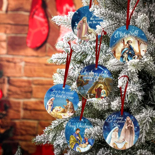 Miniatura 2 de Karenhi 6 piezas de adornos navideños de escena del nacimiento de Jesús, regalos religiosos, adorno navideño colgante de cerámica, escena