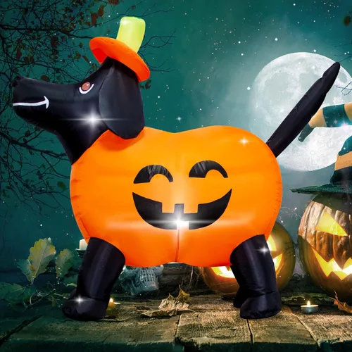 Miniatura 7 de Decoración inflable de calabaza para perro de 4 pies de largo con luces LED, calabaza salchicha de calabaza, decoración inflable para exteriores