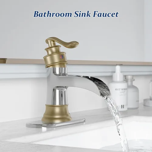 Miniatura 8 de BWE - Grifo de baño de cascada de una manija, cromado y dorado, para tocador con tapón de drenaje emergente con rebosadero, de un agujero, palanca