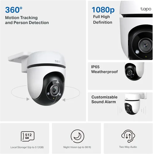 Miniatura 2 de Tapo Cámara Wi-Fi de seguridad con cable 1080P para exteriores, vista de 360°, seguimiento de movimiento, funciona con Alexa y Google Home, visión