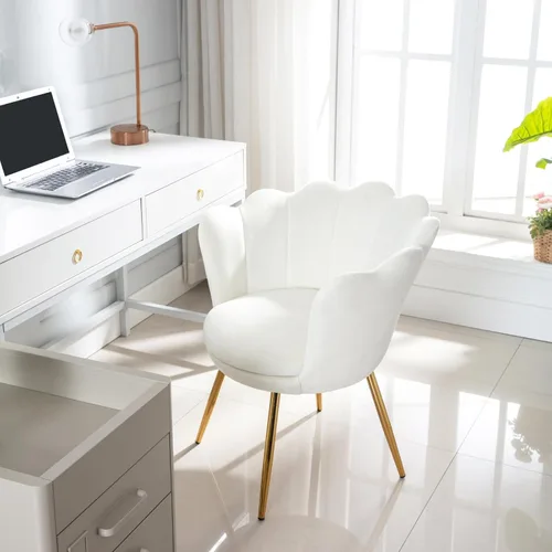 Miniatura 8 de chairus Silla de tocador de maquillaje blanca crema con respaldo, pequeña silla moderna tapizada de terciopelo con patas de metal dorado, bonita