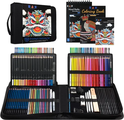 Miniatura 13 de H & B H & B145 PCS Kit de dibujo y arte para niños y adultos, caja de regalo de boceto, colores de sombreado y tintado, incluye lápices de grafito