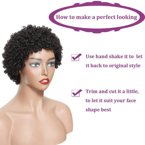 Miniatura 6 de Ms Taj - Pelucas de pelo humano afro corto para mujeres de raza negra, pelucas de pelo virgen brasileño con densidad del 150 % sin procesar, peluca