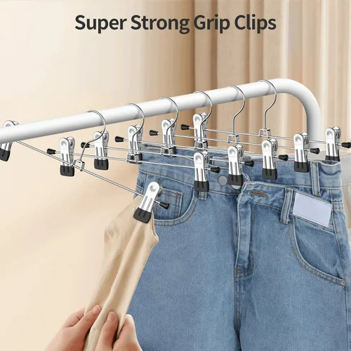 Miniatura 7 de Perchas para pantalones, paquete de 12 perchas de falda con clips, clip de metal para pantalones cortos de alta resistencia, ultra delgado, ahorro