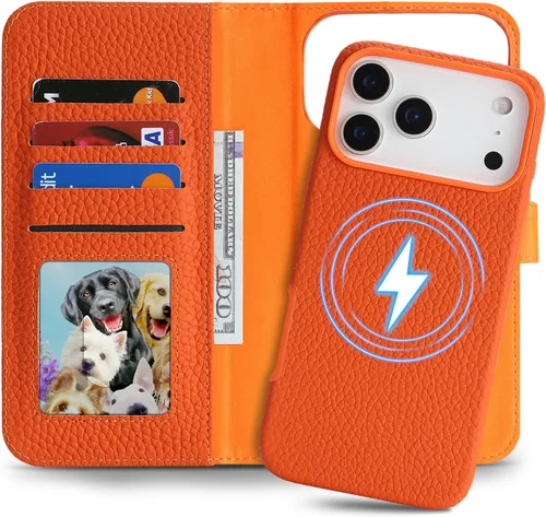 Miniatura 30 de Funda desmontable de piel auténtica para iPhone 13/14, funda magnética 2 en 1 extraíble, soporte de carga MagSafe, función de soporte para tarjetas