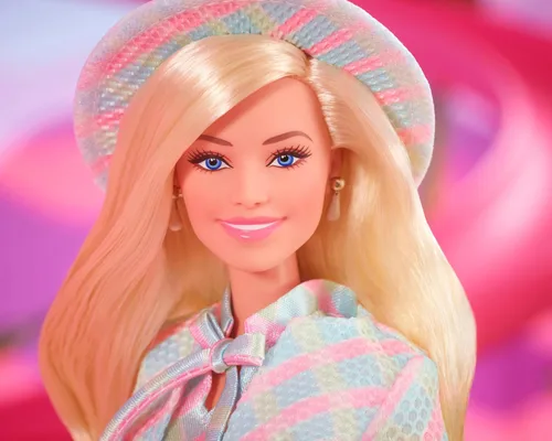 Miniatura 2 de Muñeca de película Barbie, Margot Robbie como, muñeca coleccionable con conjunto a cuadros azules a juego con sombrero y chaqueta a juego