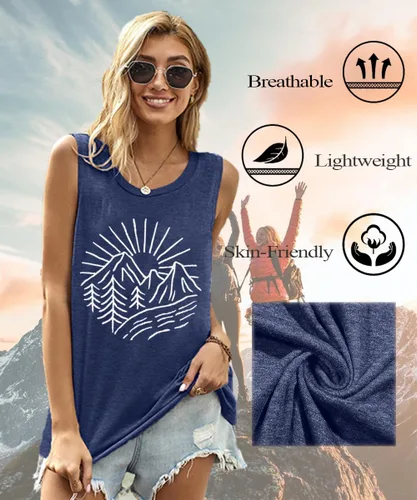 Miniatura 23 de Camisetas sin mangas de senderismo y montaña para mujer, divertidas camisetas de entrenamiento con gráficos de pino y amanecer, camisetas de verano
