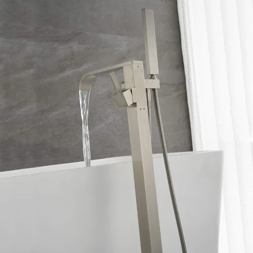 Miniatura 5 de Grifo de Bañera Independiente Relleno de Tina Níquel Cepillado Grifo de Montaje en Piso de Latón con Manija Única y Ducha de Mano
