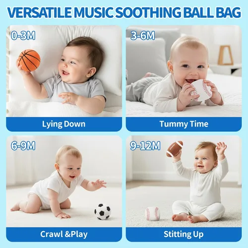 Miniatura 6 de Juguetes para Bebés Niños de 6-12 Meses – My First Sports Bag Juguetes Musicales para Bebés con 4 Pelotas Sensoriales – Baloncesto, Fútbol