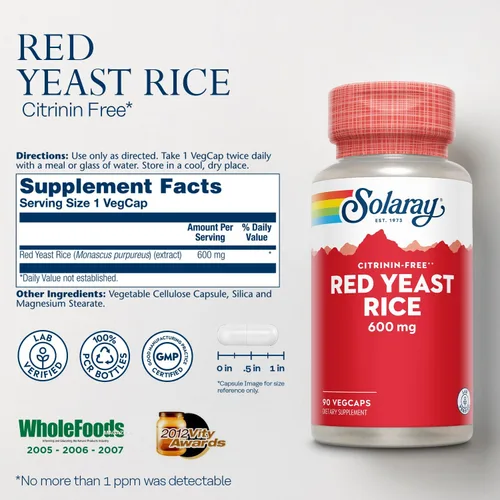 Miniatura 2 de SOLARAY Arroz de levadura roja, no irradiado y sin citrinina, garantía de devolución de dinero de 60 días, 90 porciones, 90 cápsulas vegetales