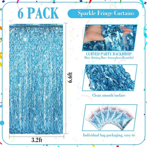 Miniatura 2 de Jutom 6 cortinas onduladas de flecos de papel de oropel de 3.3 x 6.6 pies, cortina de fondo de cortina de fiesta para decoración de fiesta de Azul