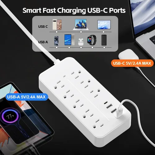 Miniatura 4 de Protección contra sobretensiones de 5 pies con cable plano de extensión, regleta de alimentación con enchufe plano listada por ETL, 8 tomas de CA, 4