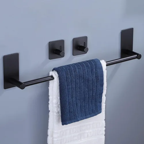Taozun Toallero – Toallero con 2 paquetes de ganchos adhesivos, color negro, toallero de mano de 16 pulgadas para pegar en la pared, kit de