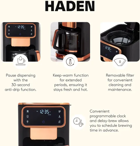 Miniatura 3 de Haden Cafetera caliente y helada de 12 tazas con 120 minutos para mantener el calor, retrasar la preparación, fuerza ajustable, reloj programable