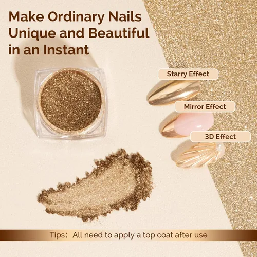 Miniatura 3 de MelodySusie Polvo para Uñas Oro Champán con Efecto Cromo para Uñas de Gel, Pigmento Metálico con Efecto Espejo, Purpurina Fina Elegante