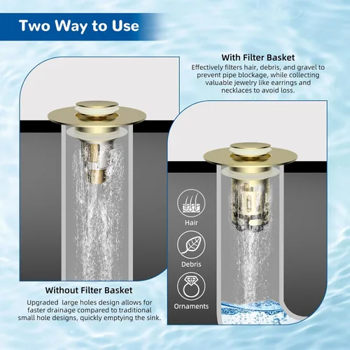 Miniatura 3 de Hibbent Colador de drenaje de lavabo de baño 3 en 1 mejorado, tapón universal desplegable con cesta de filtro de acero inoxidable extraíble atrapa
