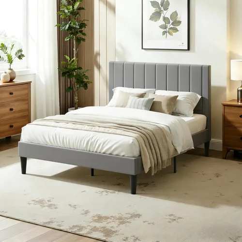 IMUsee Full Size Velvet Upholstered Tufted Platform Bed Frame with headboard, Strong Wooden Slats, Box Spring Optional, Mattress Foundation, Easy