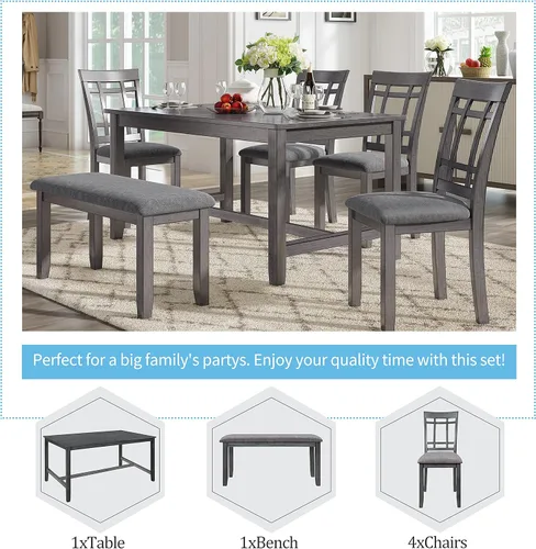 Miniatura 5 de Juego de mesa de comedor de madera de 6 piezas, juego de mesa de cocina con rectangular, juego de mesa de comedor con banco tapizado y 4 sillas