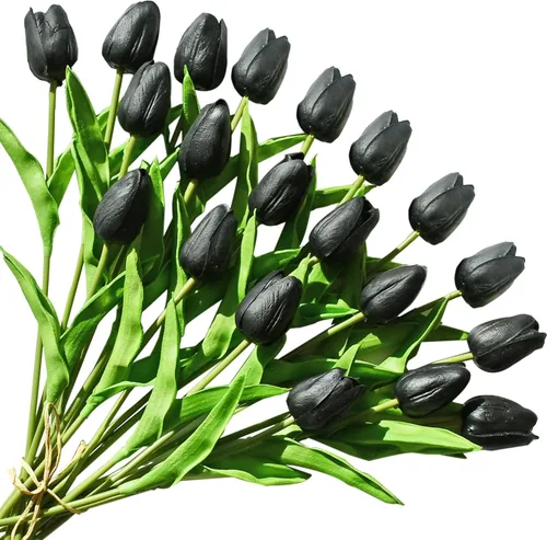 ONLY ART Tulipanes negros artificiales, 20 unidades, flores sintéticas de poliuretano de 13.5 pulgadas con tallos flexibles para decoración del