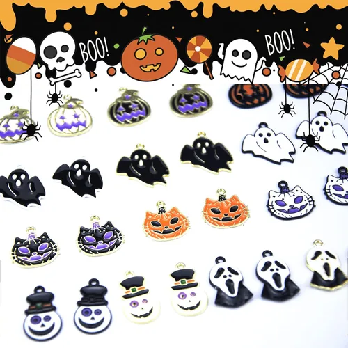 Miniatura 3 de 36 colgantes de Halloween chapados en oro negro esmaltado calabaza fantasma, payaso mago, sombrero de mago de Halloween para hacer joyas, bricolaje