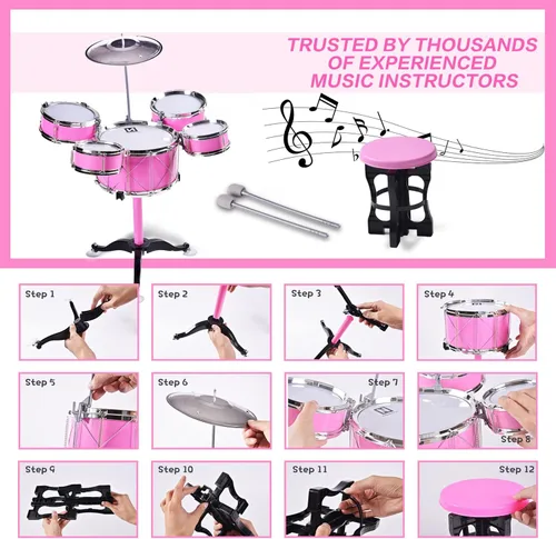 Miniatura 4 de Adecuado para niños de 3 a 6 años, juego de juguetes de batería para niños Rock Jazz Drum (rosa)