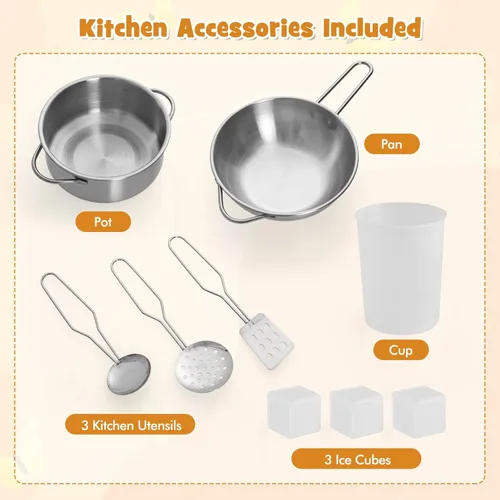 Miniatura 7 de HONEY JOY Juego de cocina esquinera para niños, juego de cocina de juguete de madera con luces y sonidos, campana extractora, máquina de hielo