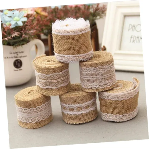 Miniatura 9 de LALAFINA Rollo de cinta decorativa de yute con ribete de encaje para manualidades y proyectos de bricolaje, patrón de envoltura de bodas y arreglos