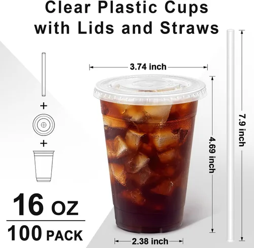 Miniatura 2 de Clawsoff 16 onzas 100 unidades de vasos de plástico con tapas y sorbetes, vasos de café helado transparentes resistentes y aptos para alimentos