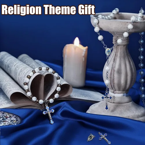 Miniatura 7 de 100 piezas de suministros para kits de fabricación de rosario, medallas con cruz y centro, dijes de aleación, crucifijos con imágenes religiosas