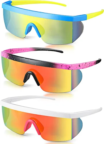Fabbay 3 pares de lentes de sol de neón retro espejados de los años 80 y 90 s semi sin montura de lentes de sol de colores para deportes hombres y