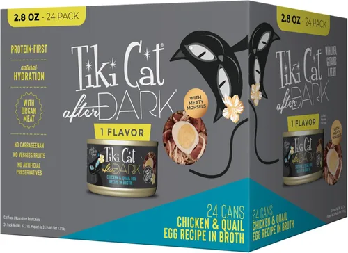 Tiki Cat After Dark, huevo de pollo y codorniz en caldo, alto contenido en proteínas y 100% ingredientes sin OMG, alimento húmedo para gatos