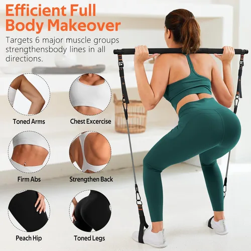 Miniatura 5 de Kit de barra de pilates con bandas de resistencia, barra multifuncional de yoga y pilates de 3 secciones con hebilla de ajuste de metal. Equipo