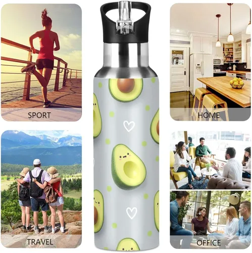 Miniatura 5 de Cute Cartoon Avocado Faces Stainless Steel Water Bottle 20 Oz Leakproof Water Bottles, BPA-Free Sports Water Bottle with Straw