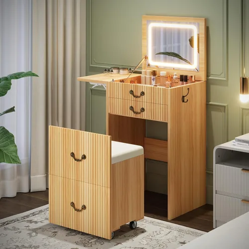 FURSUN Tocador 3 en 1 con espejo abatible y luces, mesa de tocador compacta acanalada con 3 cajones, compartimento de almacenamiento y taburete
