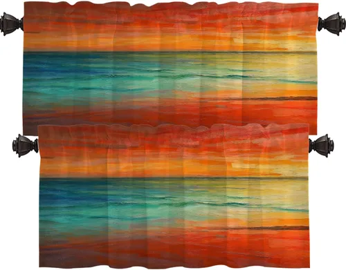 Miniatura 174 de Shrahala Beige and Orange Abstract Art Brushstrokes Blackout Curtain Tiers, Abstract Oil Paint Kitchen Valance Light Blocking Tier Drapes with Rod